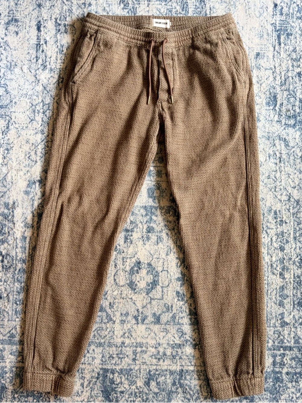 Taylor Stitch Apres Pants Cypress Sashiko Knit Joggers Tan Green Medium Cotton